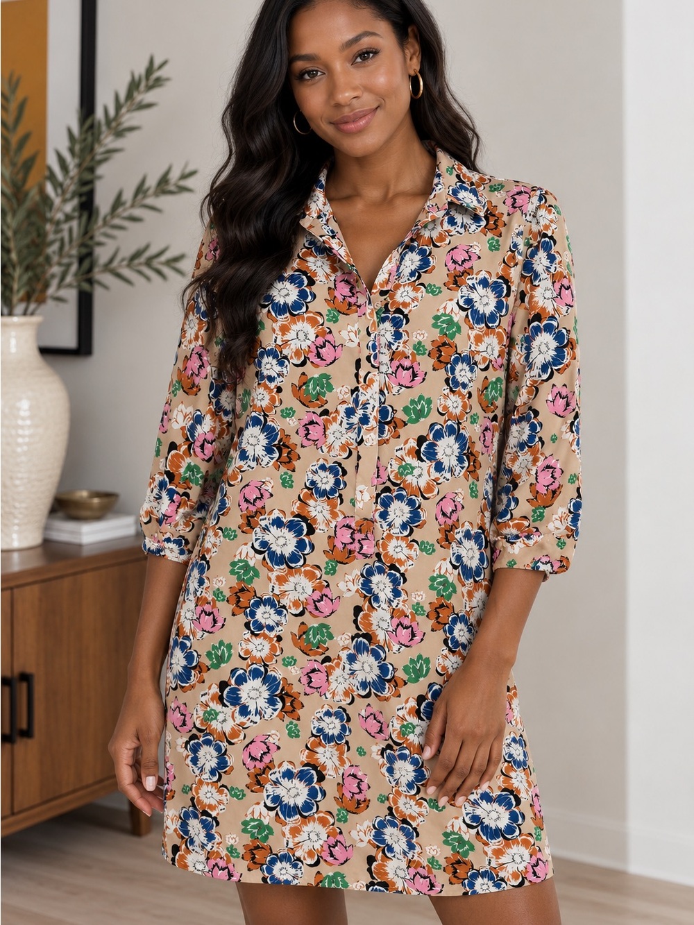 Banana Republic Tan Floral Button-Front Above the Knee Dress